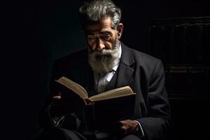 ai généré une sage vieux homme avec une barbe, séance dans une foncé pièce et en train de lire une livre. le homme apparaît à être pleinement absorbé dans le livre, lequel semble à être le focal point de le scène. photo