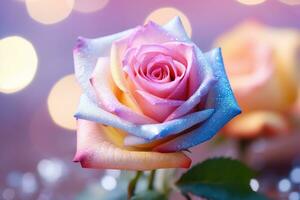 ai généré fermer de une magnifique pastel rose et bleu Rose sur flou bokeh Contexte photo