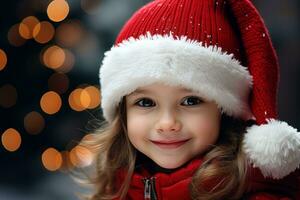 ai généré portrait de une peu fille portant Père Noël claus chapeau sur une flou bokeh Contexte photo