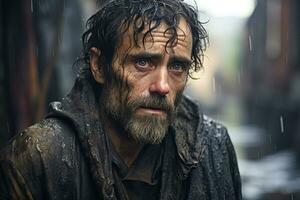 ai généré portrait de triste sans abri homme dans le pluie dans le ville sur flou Contexte photo