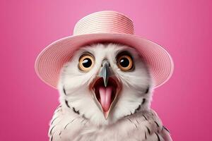 ai généré proche en haut portrait de une surpris hibou dans une rose chapeau sur rose Contexte photo