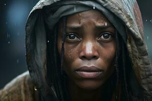 ai généré portrait de triste africain américain sans abri femme dans le pluie photo