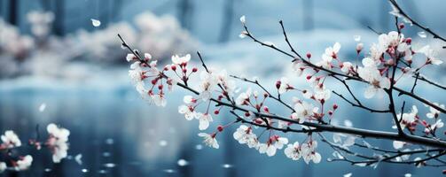 ai généré une glacial hiver Contexte capture le délicat beauté de couvert de neige branches et fleurs photo