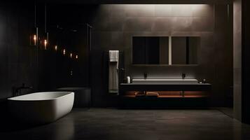 ai généré une foncé minimaliste salle de bains avec une lisse salle de bains photo