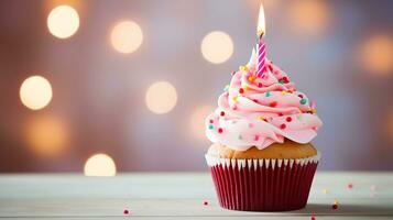 ai généré anniversaire petit gâteau avec bougie et rose décoration photo