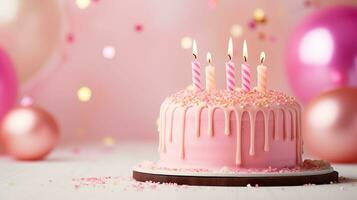 ai généré anniversaire petit gâteau avec bougie et rose décoration photo