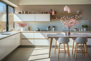 ai généré moderne spacieux cuisine intérieur conception avec élégant décor. photo