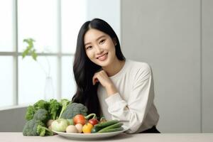 ai généré souriant asiatique femme en présentant Frais coloré des légumes fièrement. photo