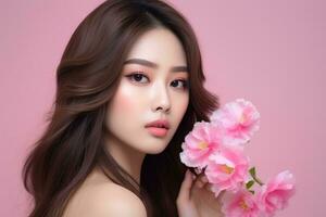 ai généré coréen beauté modèle avec sans faille peau et printemps fleurs. photo