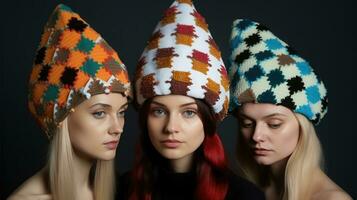 ai généré Trois femmes avec unique Chapeaux pose pour une photo. photo