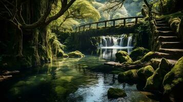 ai généré le sérénité de une petit cascade doucement en cascade dans une calme lagune photo