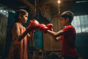 ai généré une Jeune garçon et une Jeune fille boxe chaque autre - le ultime épreuve de force photo