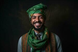ai généré arabe homme portant une vert djouba et une attacher photo
