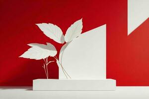 ai généré prime podium pour présentation de le produit avec feuilles. pro photo