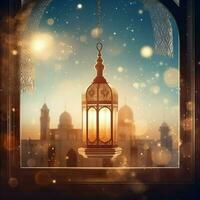 eid mubarak et Ramadan kareem salutations avec islamique lanterne et mosquée. eid Al fitr Contexte. eid Al fitr Contexte de fenêtre concept par ai généré photo