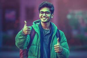 ai généré les pouces en haut pour une souriant Jeune homme portant une vert veste et des lunettes photo