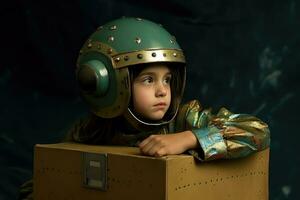 ai généré une enfant portant une casque, séance à l'intérieur une grand papier carton boîte. photo