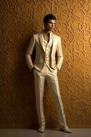 ai généré élégant homme dans une or veste et blanc costume photo