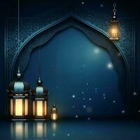 eid mubarak et Ramadan kareem salutations avec islamique lanterne et mosquée. eid Al fitr Contexte. eid Al fitr Contexte de fenêtre concept par ai généré photo