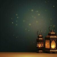 eid mubarak et Ramadan kareem salutations avec islamique lanterne et mosquée. eid Al fitr Contexte. eid Al fitr Contexte de fenêtre concept par ai généré photo