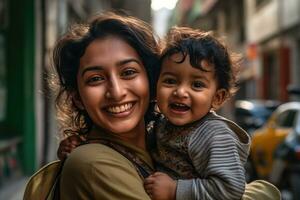 ai généré une femme en portant une enfant dans sa bras. photo