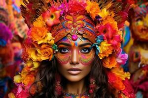 ai généré coloré et magnifique Indien femme orné avec de fête peindre et fleurs photo