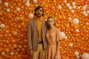 ai généré une branché couple des stands dans de face de un Orange mur. photo