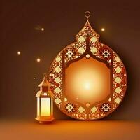 eid mubarak et Ramadan kareem salutations avec islamique lanterne et mosquée. eid Al fitr Contexte. eid Al fitr Contexte de fenêtre concept par ai généré photo