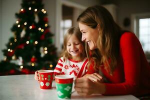 ai généré mère et fille dépenser une confortable journée ensemble dans le vivant pièce décoré avec Noël décor. famille en buvant une chaud boisson et ayant amusement photo