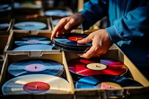 ai généré une homme prend une vinyle record de une boîte. mains proche en haut. concept de écoute à la musique ensemble dans vinyle et l'audio bars photo