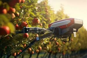 ai généré drone cueillette mûr pommes dans un Pomme verger photo