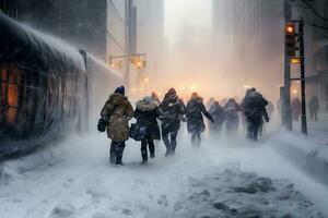 ai généré gens marcher par le ville dans une tempête de neige. fort les vents et neige faire il difficile pour gens à bouge toi photo