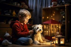 ai généré garçon enfant et le sien chien dépenser soir temps dans le enfants pièce photo