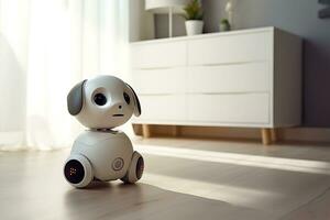 ai généré petit blanc robot chien dans le intérieur de une vivant pièce photo