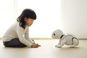 ai généré une fille enfant de asiatique apparence pièces dans sa enfants pièce avec une robot chien photo