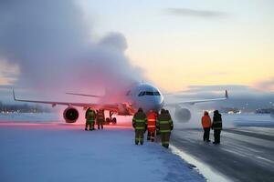 ai généré une commercial jet avion ne peux pas prendre de sur une gelé hiver soir dû à gelé. porter secours équipe travail sur le piste photo