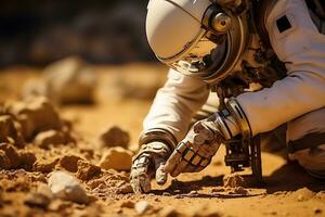 ai généré une humanoïde robot prend sol échantillons sur le planète Mars photo