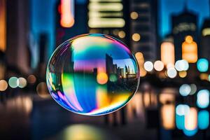 ai généré une coloré bulle avec ville lumières dans le Contexte photo