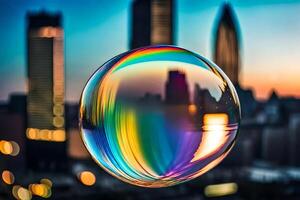 ai généré une coloré savon bulle dans de face de une ville horizon photo