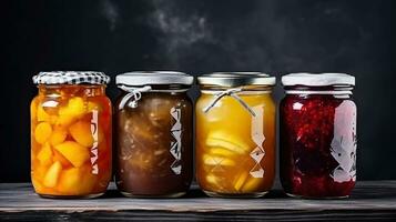 ai généré conservé des fruits et des légumes dans verre pots sur une en bois tableau. photo