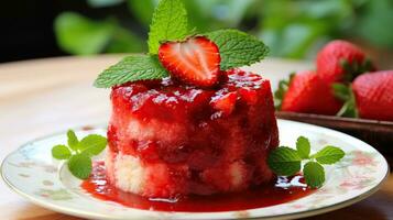 ai généré fraise gâteau avec Frais des fraises et menthe fermer sur flou Contexte. photo