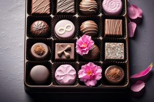 ai généré boîte de artisan des chocolats. luxe Fait main des chocolats et une praliné. génératif ai photo