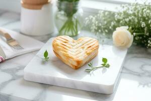 ai généré cœur en forme de grillé sandwich dans une cuisine avec blanc marbre comptoirs. génératif ai photo