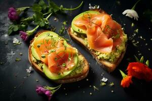 ai généré pain grillé avec Avocat crème et fumé Saumon . génératif ai photo