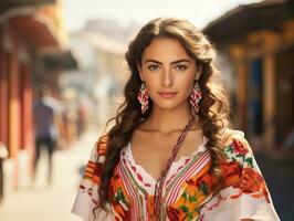 ai généré Latin Américain, mexicain fille dans une nationale costume sur le rue de une Latin américain ville sur ensoleillé journée. nationale festival. photoréaliste, Contexte avec bokeh effet. ai généré. photo