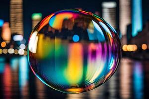 ai généré une coloré bulle avec ville lumières dans le Contexte photo