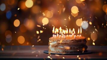 ai généré une anniversaire gâteau embrasé avec bougies, moulage une chaud lumière sur fête alentours photo