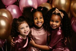 ai généré enfants' anniversaire fête avec des ballons, cadeaux et ballon bruant photo