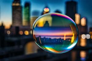 ai généré une coloré bulle avec une ville horizon dans le Contexte photo