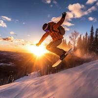 ai généré une snowboarder performant une backflip sur une grand saut, avec le Soleil réglage derrière leur photo